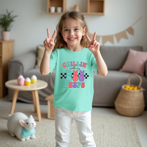 CM C&M WODRO Kid Girl Funny Easter Bunny T Shirt Chillin' with My Peeps Letter Printed Shirt Short Sleeve Tee Tops4