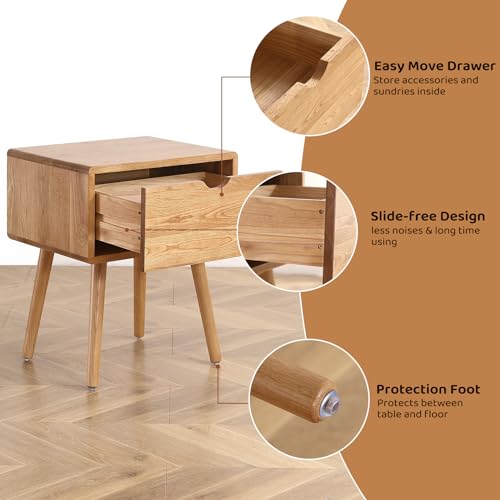 Image of Night Stand, Mid Century Modern Solid Oak Wood Nightstand with Drawers, Small Bedside Table Sturdy & Durable Easy Assembly 19.68 inch L x 15.74 inch W x 23.63 inch H (Natural)