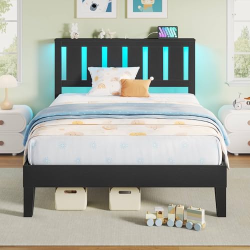 Rolanstar Twin Bed Frame with Headboard, Solid Wood Bed Frame Foundation with Wood Slat SupportCha, rging Station & LED Lights, No Box Spring Needed, Black