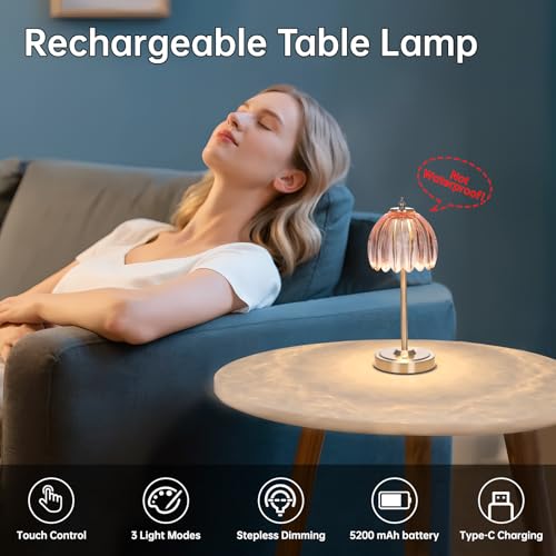 Image of Shenmoyl Tulip Table Lamp with 5200mAh Battery & Touch Control, Cordless Small Table Lamp with 3 Colors, Dimmable Rechargeable Table Lamps for Living Room, Bedroom, Desk, Bedside (Clear Pink Tulip)