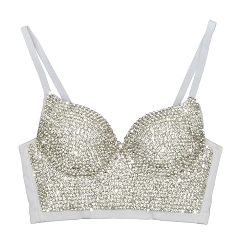 ELLACCI Womens Rhinestone Diamond Push up Bustier Crop Top Sexy Punk Corset Bra White X-Small