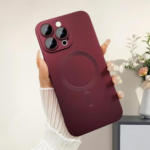 Image of DIZORO Magnetic Case for iPhone 16 Pro Case [Compatible with MagSafe][Built-in Camera Lens Protector] Slim Soft Silicone Bumper Shockproof Metallic Luster Back Cover Phone Case - Wine Red