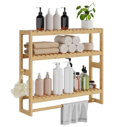 RRX Bambus-Badezimmerregal, 15cmx59cmx53cm H, 3-stöckig, verstellbare Schicht, schwebender Wandständer oder Ständer mit Stange, Standregal, Handtuchhalter, Hängestange für Badezimmer (Beige)