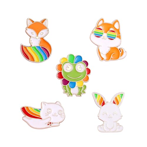 5Pcs Cute Little Animal Theme Brooch Pin Rainbow Color Pattern Rabbit Fox Frog Alloy Brooch Enamel Pin Badge LGBT Pride Month Clothes Ornament