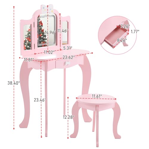 Image of Vanity Set,ShyneeMakeup Dressing Vanity Set Wooden Princess Makeup Table with Cushioned Stool,Drawer,Wooden Legs and Mirror, Make Up Dressing Play Set for Girls (Pink Bow)