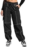 DISCIPBUSH Cargo Pants Women, Stitch Parachute Rave Y2K Pants, Festival Outfits for Women Hiking Black L