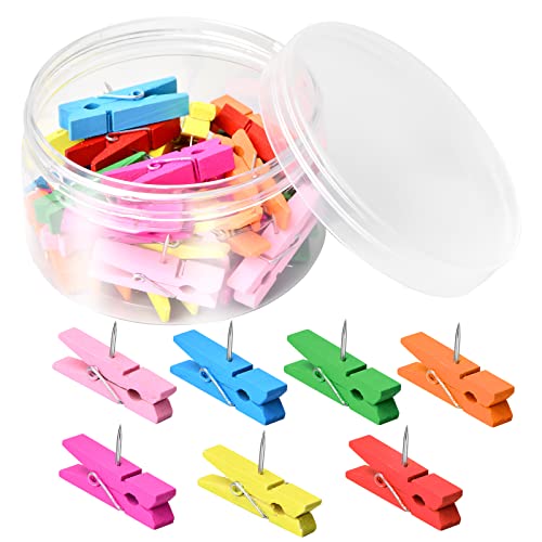 30Pcs Chinchetas de Colores, Pinzas de Madera con Pasadores,Clips de Alfileres Pinza de Foto de Madera, Chincheta con Clips de Madera para Fotos Muro, Mapas, Tablón de Anuncios, Tableros de Corcho Cover