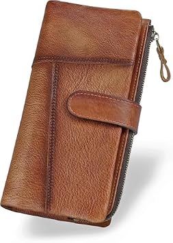 RFID Blocking Genuine Leather Wallet Vintage Hand Rubbing Organizer with Clasp Closure Brown