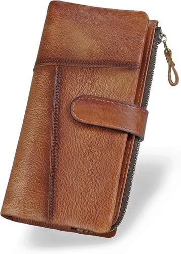 RFID Blocking Genuine Leather Wallet Vintage Hand Rubbing Organizer with Clasp Closure (Brown)