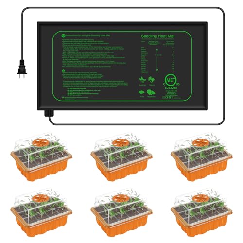 GooingTop Seedling Trays + Heat Mat 10''x20.7'', 6 Pack 72 Cells Plant Grow Starter with Adjustable Humidity Vent for Mini Greenhouse Garden Germination,Bonsai Seed Starting Growing