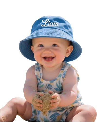 Personalized Embroidered Baby Sun Hats, Custom Kids Name Bucket Hat for Toddlers, UPF 50+ Sun Protection Wide Brim Summer Swim Beach Bucket for Newborn Boys Girls, Travel Vacation Picnic Child Sunhat