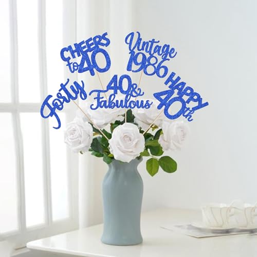 Image of 15 PCS 40th Birthday Centerpiece Sticks Forty Happy 40 Vintage 1986 Table Flower Centerpieces Sticks Cheers to 40 Fabulous Floral Decorations for 40th Birthday Party Supplies Blue