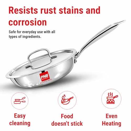 Image of PNB Kitchenmate Triply Steel Frying pan with lid -24 cm | Triply Cookware - 5 Year Warranty| Stainless Steel Fry pan | Stainless Steel Cookware Set | Frying pan Induction | Fry pan Steel Stainless