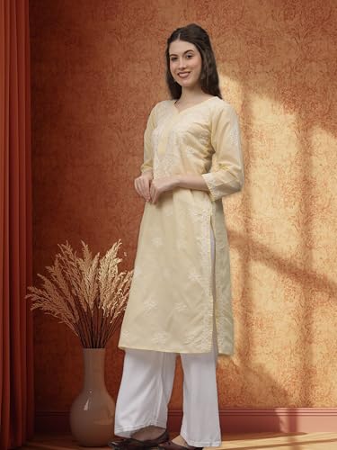 Image of Seva Chikan Hand Embroidered Lucknowi Chikankari Appricoat Peach Terivoil Cotton Kurta for Women SCL4603