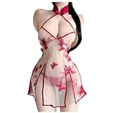 [OLYOLY] 過激な透け チャイナドレス セクシー ベビードール 大きいサイズ エッチな コスプレ 透ける 下着 部屋着 ワンピース ランジェリー (02 赤)