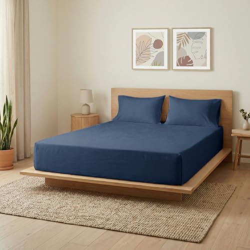 Image of Blue Dahlia 100% Cotton, King Size /Double, Elastic Fitted Bedsheet (72 inchx78 inch) + 2 Pillow Covers, Percale Weave, Fits Upto 10 inch Mattress, 200TC Solid Premium Bedsheet, Colour: Navy Blue