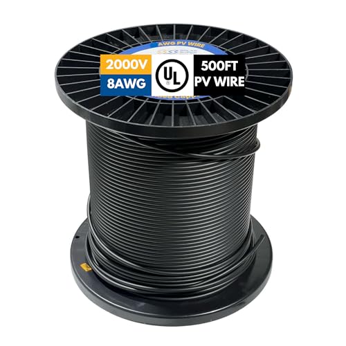 SSS 2000V UL 4703 Solar PV Wire &ndash; 500 Feet, 8AWG (10mm&sup2;) &ndash; Dual Sheath, 100% Pure Copper &ndash; UL Listed, 2KV, Weatherproof, UV & Direct Burial Rated (Black, 500Ft, 8 Gauge)