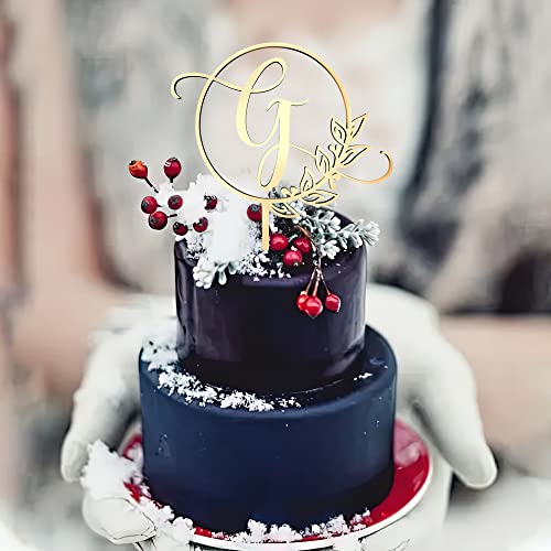 KISKISTONITE Initials G Cake Topper, Monogram Cake Topper G, Rustic Wedding Cake Topper, Wreath Letter G Cake Topper, Mirror Gold Wedding Cake Decoration