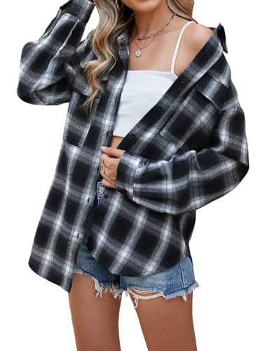 LEEDYA Womens Flannel Buffalo Plaid Shirts Long Sleeve Oversized Button Down Shacket Casual Jacket Coat with Pockets