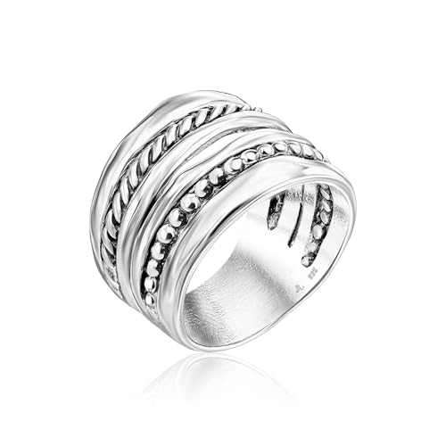 JEAN RACHEL JEWELRY 925 Sterling Silver Ring - Wide Multi Strand Rope & Bead Vintage Design - Hypoallergenic, Lead & Nickel Free Jewelry - Artisan Handcrafted Statement Rings for Women