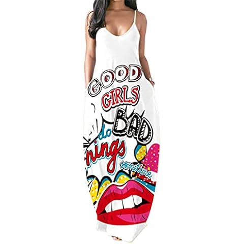 Chaos World Women's Maxi Dress V-Neck Strappy 3D Print Loose Summer Casual Dress(2XL,Letter & Lip) Cover