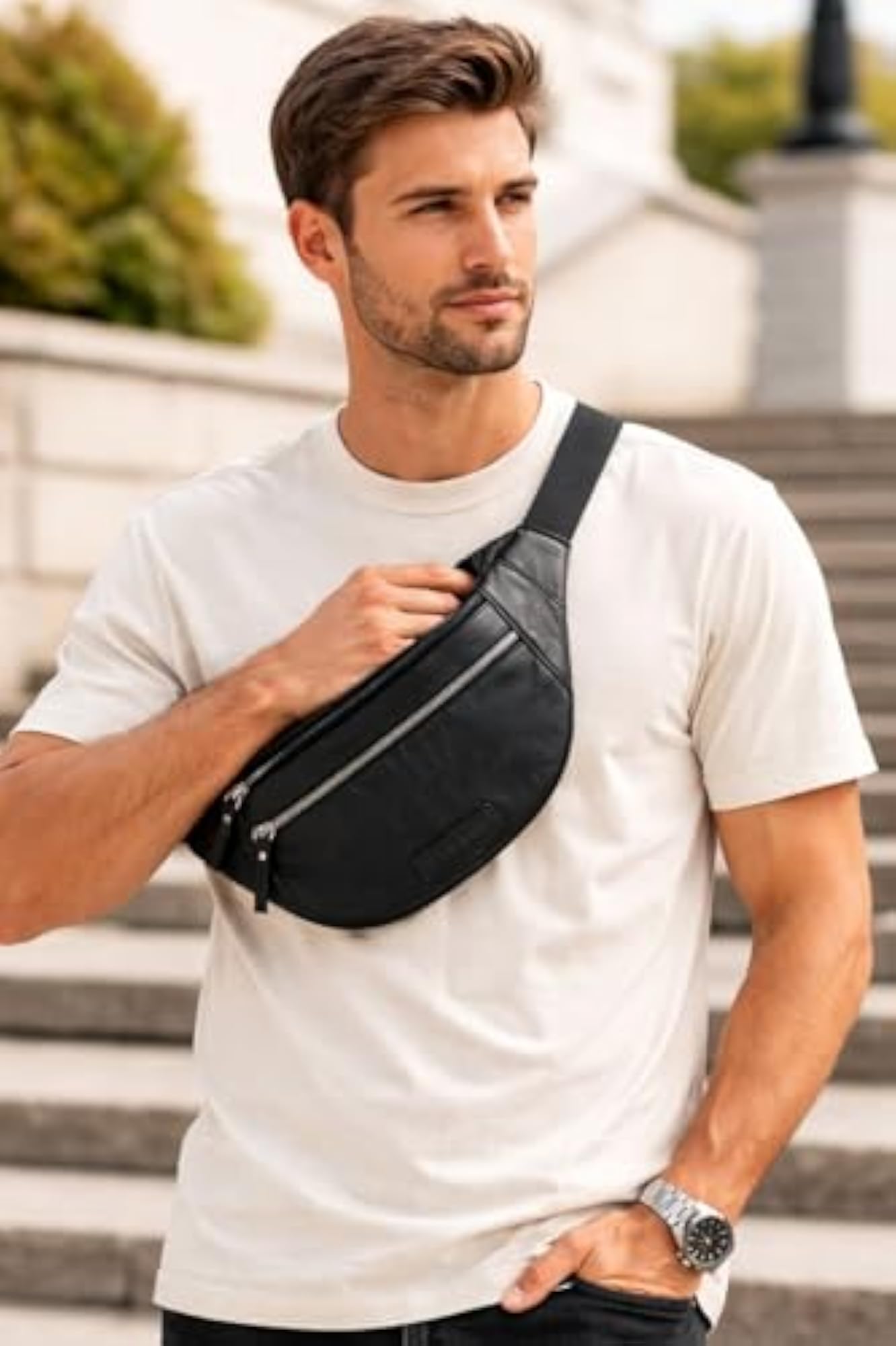 Genuine Leather Waist Bag with Multiple Zipper Pockets