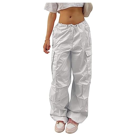 Xnova Pantalon Cargo Mujer Y2K Vintage Sueltos Cintura Elástica con Cordón Adjustable Multibolsillos de Chándal Cintura Baja Streetwear Cargo Pants, Blanco, XL