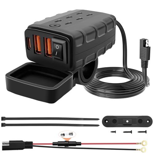 Waterproof Motorcycle USB Charger with 3 Ports, 36W Universal Fit SAE to USB Fast Charging Adapter with ON Off Switch