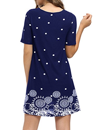 Romwe Women's Short Sleeve Floral Print Loose Casual Tunic Swing Summer Shirt Dress Navy M #TOP1
