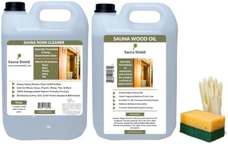 Sauna Shield Sauna Care Set | Sauna Wood Oil & Sauna Cleaner with Applicator Sponge & Gloves | Protects, Cleans & Nourishes Sauna Wood | For Traditional & Infrared Saunas (1.32 Gallons Each)