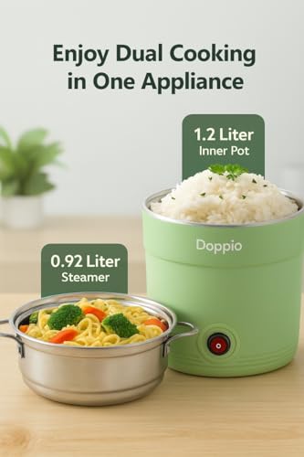 Image of Doppio Electric Multi Cook Kettle with Steamer, 1.5L Stainless Steel Inner Pot, 600W Portable Mini Cooker for Maggi, Eggs, Soup & Boiling, Compact Kitchen Appliance (Green)