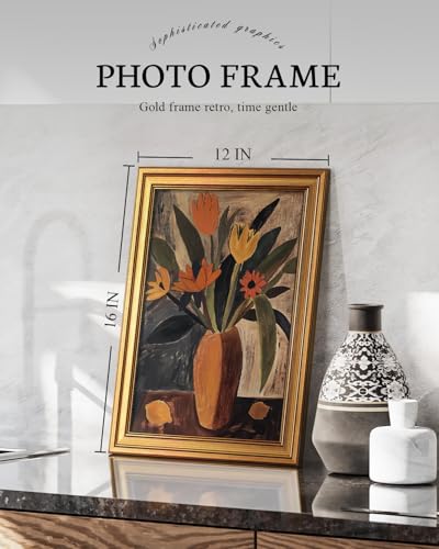 Image of VIYYIEA Vintage Gold Framed Wall Art for Living Room, Flowers Canvas Prints Home Decor, Oil Painting Picture, Bedroom Wall Decor Gifts for Friends or Family -【Tulip and Lemon】-(16L x 12W)