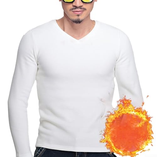 Maillot de corps thermique pour homme col en V, manches longues et doublure en polaire confortable (taille M, blanc)