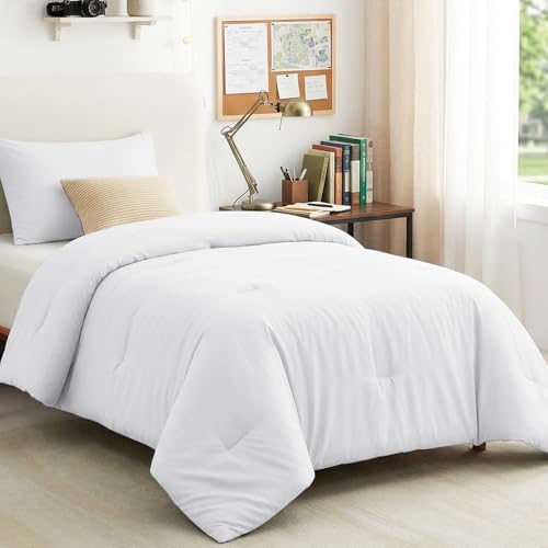 CozyLux Twin Comforter Set College Dorm Essentials 2 Pieces White Twin Extra Long Solid Bedding Sets Twin XL Soft Bed Set with Down Alternative Comforter and 1 Pillowcase Back to School