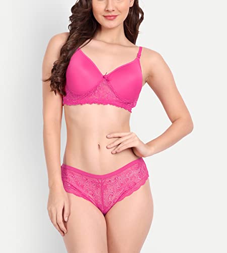 Image of FIMS - Fashion is my style Women Cotton Floral Lace Padded, Non-Wired, Full Coverage, Seamless Bra Panty Set, Multicolor, Lingerie Set
