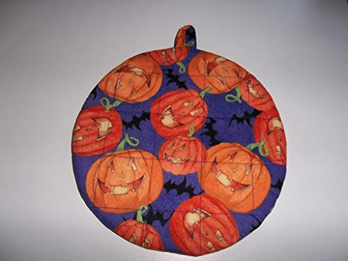 Quilted Halloween Pot Holders Happy Pumpkin and Black Bats Heat Resistant Handmade Double Insulated Hot Pads Trivets 9 Inches Round