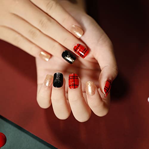 Christmas Press on Nails Short Fake Nails Acrylic Nails Christmas Green Red Lattice Snowman Snowflakes Design Acrylic Nails Nails Glue for Women and Girls the Most Fashionable Nail Decoration 24Pcs