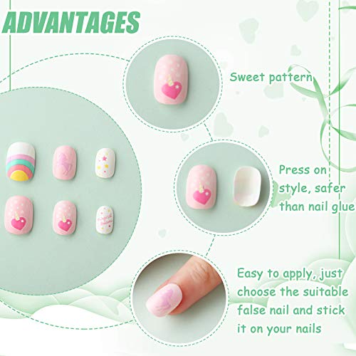 72 Pieces Kids False Nails Press on Artificial Nail Tip Girl Fake Fingernail Kit Full Cover Short for Girls Children Nail Art Decoration, 3 Boxes (Rainbow Theme) - Thumbnail 2