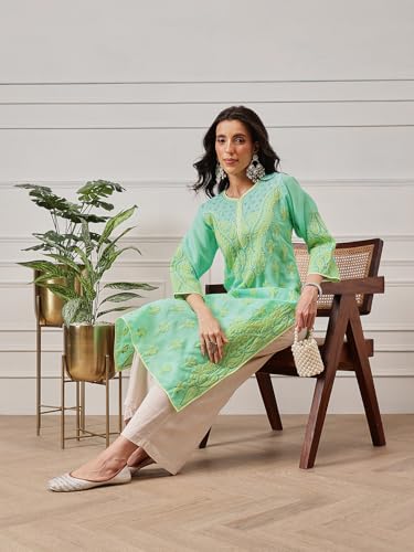 Image of Ada Lucknowi Hand Embroidered Chikankari Cotton Kurta Kurti Tunic for Women A253605 (Sea Green, 3XL)