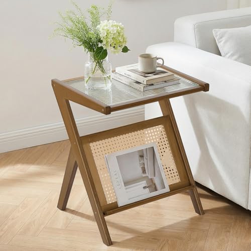 WOOW DEPOT Rattan Side Table, Z Shaped End Table with Magazine Rack, Mid Century Wood Side Accent Table with Glass Top, Boho Nightstand, Bedside Table for Living Room Bedroom Small Space, Walnut