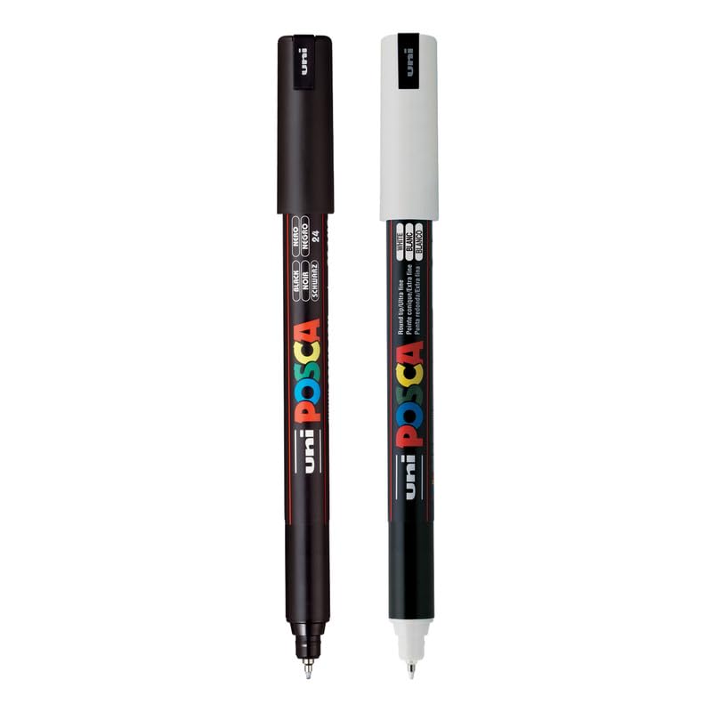 Image of POSCA PC-1MR Marker | 0.7mm Extra Fine Tip (Black & White Ink, Pack of 2)