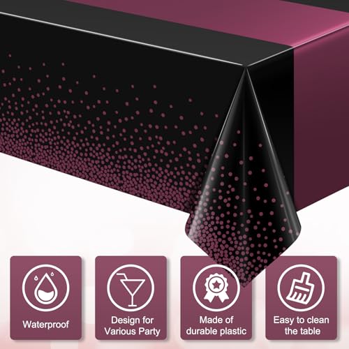 Image of 3Pcs Black and Maroon Purple Tablecloth Party Decorations,Plastic Black Table Cloth Printed Maroon Purple Table Runner Disposable Rectangle Table Cover for Birthday Wedding Graduation Party,54x108Inch