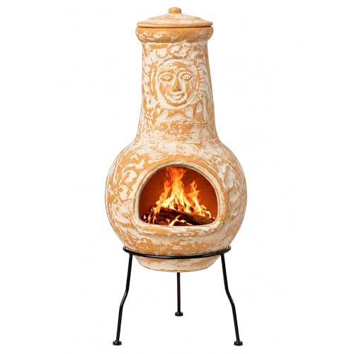 Outdoor Clay Chiminea Fireplace Sun Design Wood Burning Fire Pit with Sturdy Metal Stand Barbecue Cocktail Party Cozy Nights Fire Pit (Beige)
