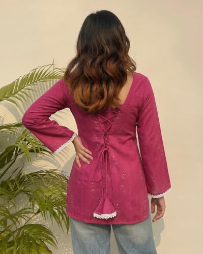 Image of ANNI Designer Short Kurti for Women Printed Design | V Neck Full Sleeve Kurti Tops for Women | Stylish Kurtis & Short Kurtis for Woman | Kurti with Jeans Casual Wear | Kurtas for Woman