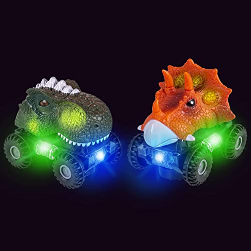 Dinosaur Cars with LED Light & Sound Dino Car Toys Car Gifts Animal Vehicles Monster Truck Playset for Boys Girls Toddles Kids Birthday Gifts Classroom Prize (2 Pack)
