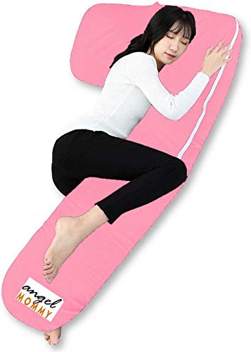 Angel Mommy Pregnancy Body Pillow with Cotton Zippered Cover, L Shaped Full Body Pillow for Pregnant Women (Baby Pink)