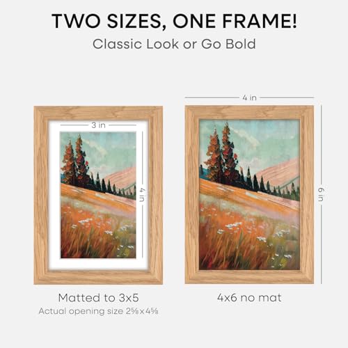 Image of Homeforia 4x6 Natural Oak Picture Frame, High-End Wood, 3x5 Mat, Glass | High End Solid Oak Wood, Tempered Glass, Acid-Free 3x5 Removable Mat, 4x6 Edge-to-Edge Display 6x4, Wall Kit, Set Of 3