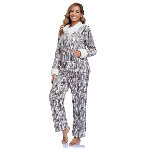 Womens Plush Winter Pajamas Set - High Neck Leopard Print Loungewear Soft White Thermal Sleepwear with Pockets XL