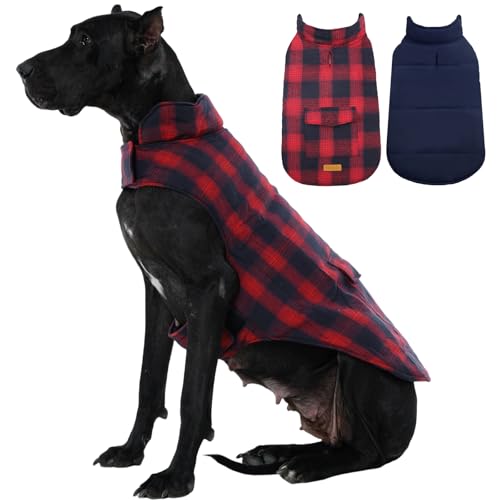 Kuoser Dog Winter Coat, Reversible Dog Jacket, Warm Doggie Coat British Style Puppy Cold Weather Coats, Windproof Pet Clothes for Extra Large Dogs Red XXXL