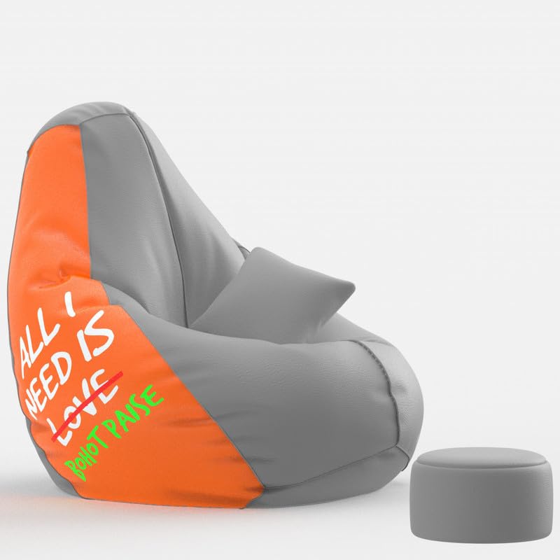 Image of Biggie Bean Bag Chair 4XL with Beans Filled-Pop Prints-Printed Designer Bags-Quirky Prints with Free Cushion & Footrest (Matching Color : Printed, All I Need is Bohot Paise - Orange Grey)